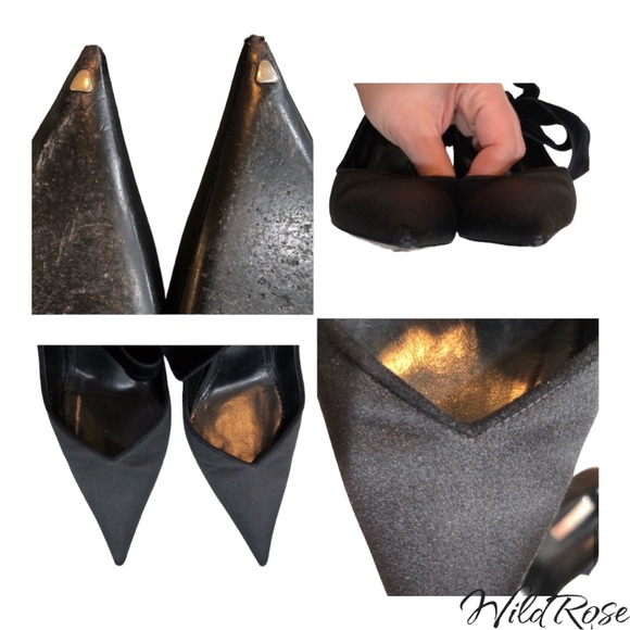 LOUIS VUITTON Black Satin Pointy Toe Velvet Bow Tie Nior Pumps Crystal Heels - Picture 11 of 17